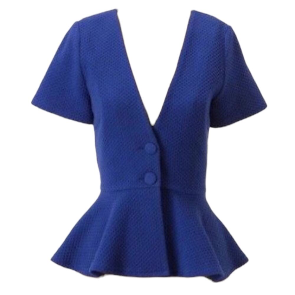 NWOT Ganni Anthropologie Peplum Blue Short Sleeve Blouse V-Neck Top Buttons XS - Picture 4 of 14
